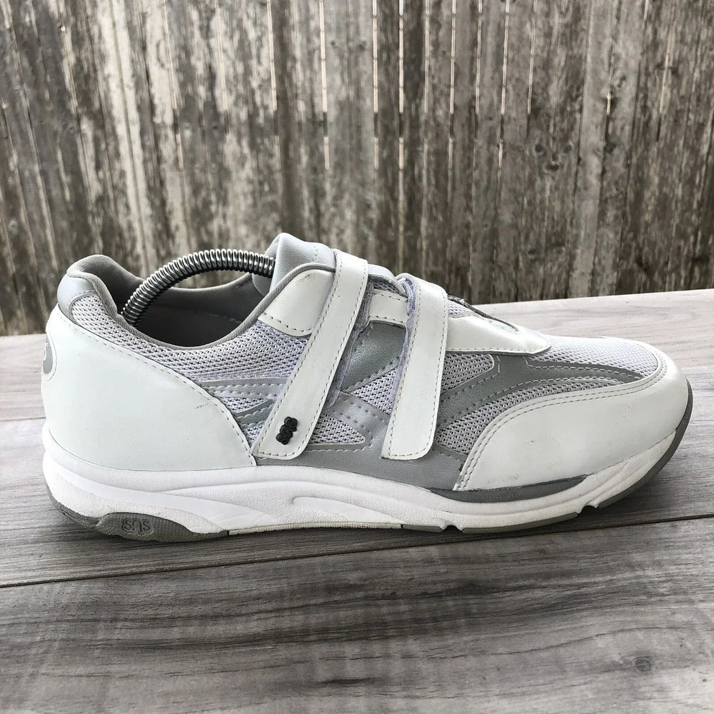 SAS Comfort Walking Shoes Women Size 9 B White Leather TMV EZ Strap Sneakers USA